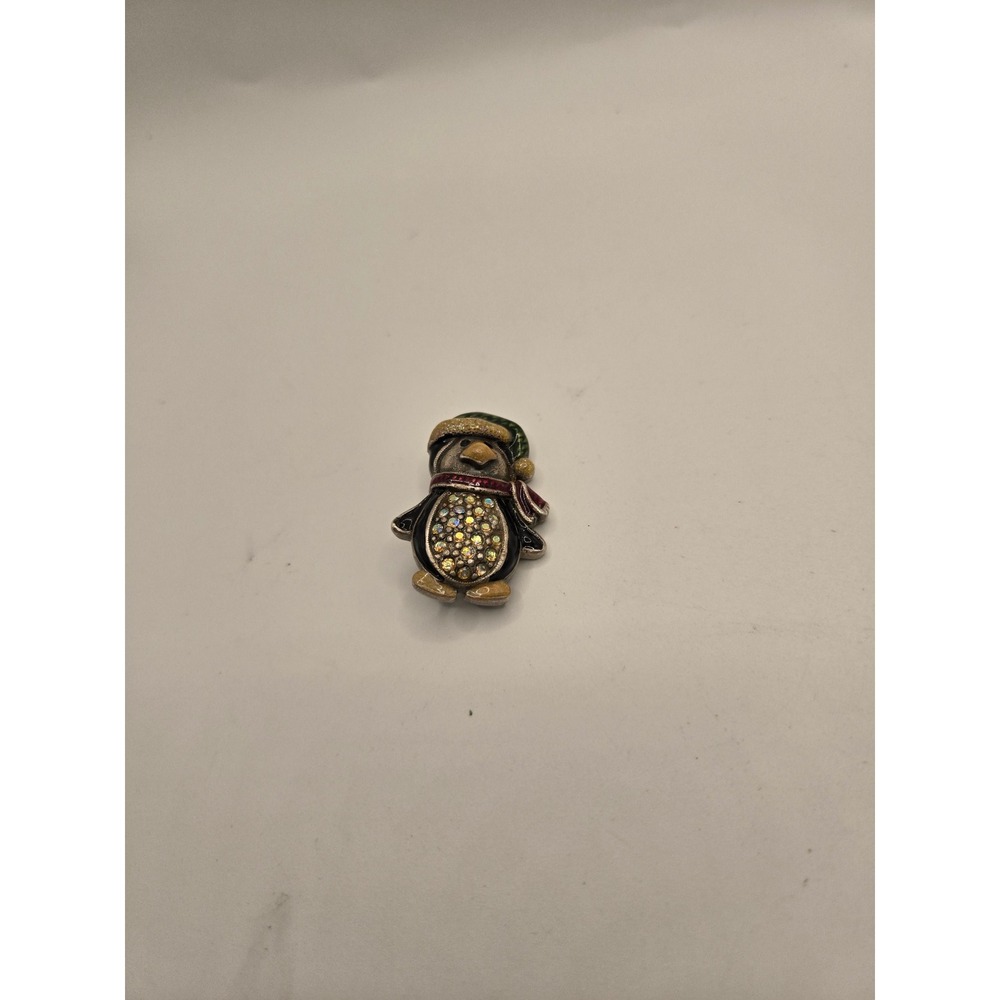 Vintage Christmas Penguin Brooch Rhinestone Enamel Holiday Pin Silver Tone
